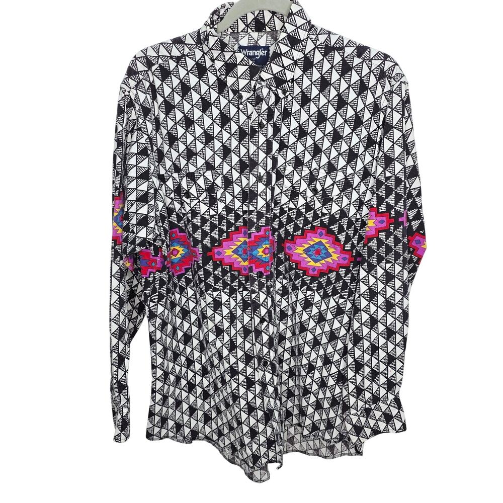 Vintage Wrangler Cowboy Cut Aztec Western Shirt 16.5-34 Black White Button Front